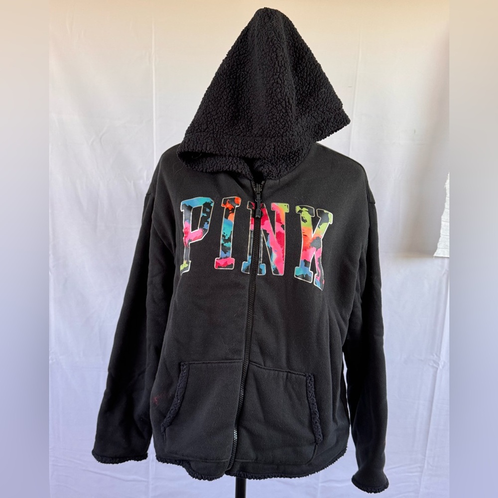 Victoria's Secret PINK Reversible Sherpa Lined Full Zip Hoodie Black